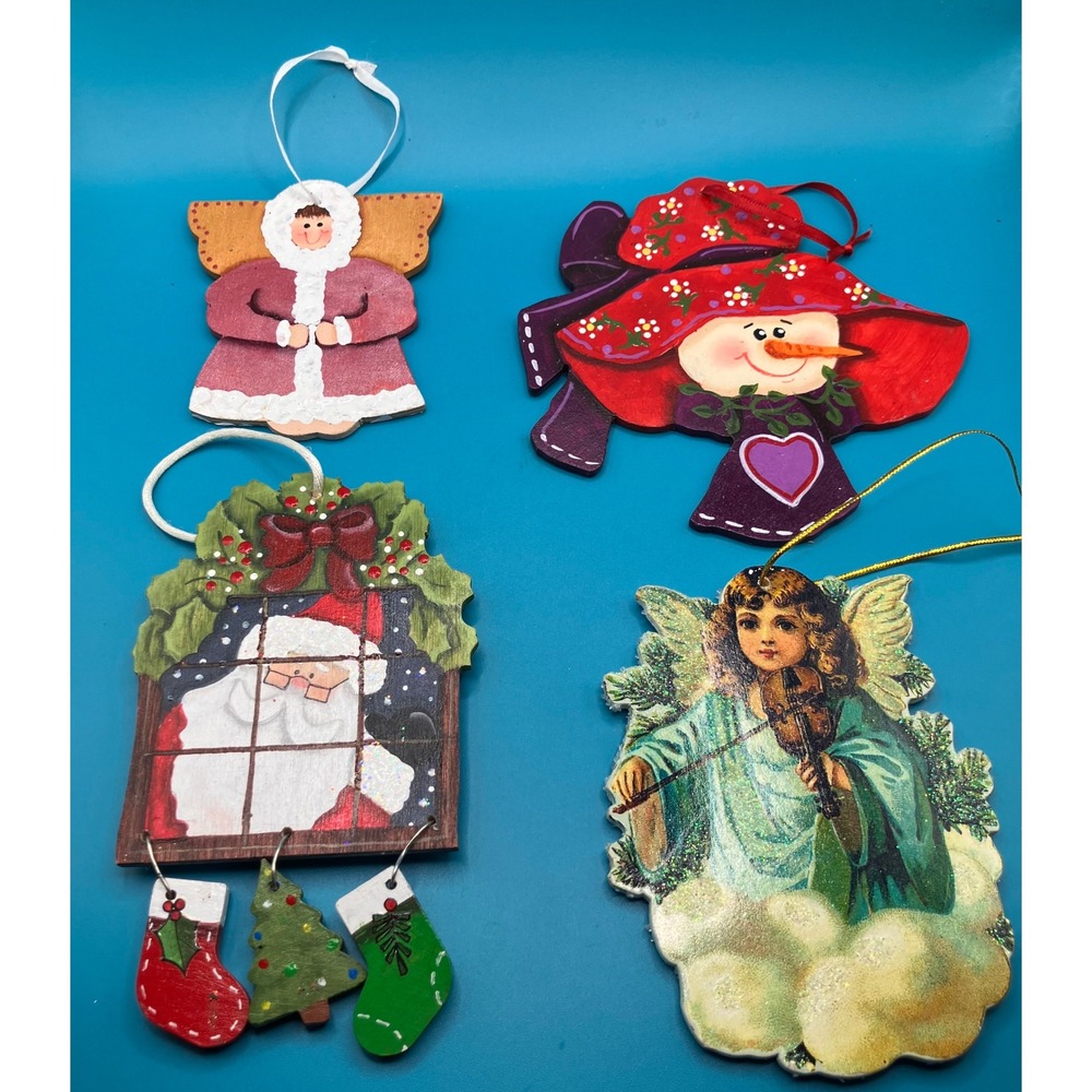 Handmade Christmas Ornaments Unisex OS Multicolor Wooden Hand Painted Set of 4
